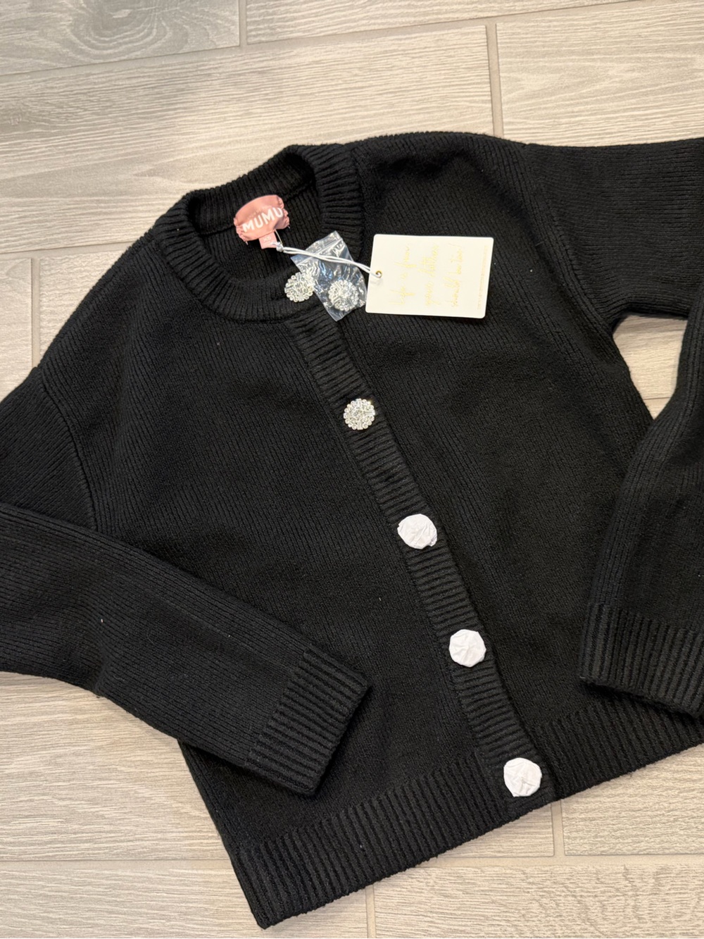 SHOW ME YOUR MUMU Rhinestone Button Black Knit Maggie Cardigan Sweater XS NWT - Picture 4 of 6